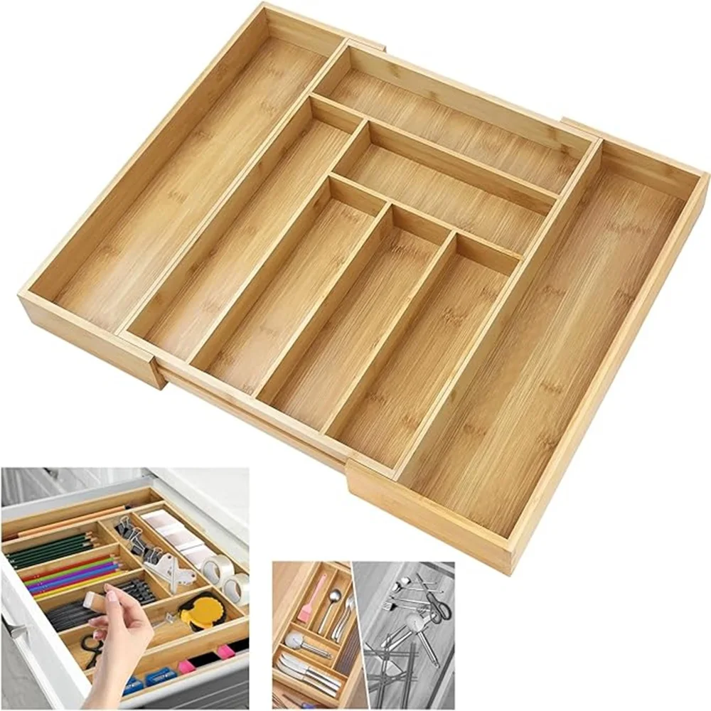 Bamboo Cutlery Tray 6-8 Compartment Utensil Holder for Kitchen Drawer Extendable Size Organiser for Knife, Forks and Cutlery