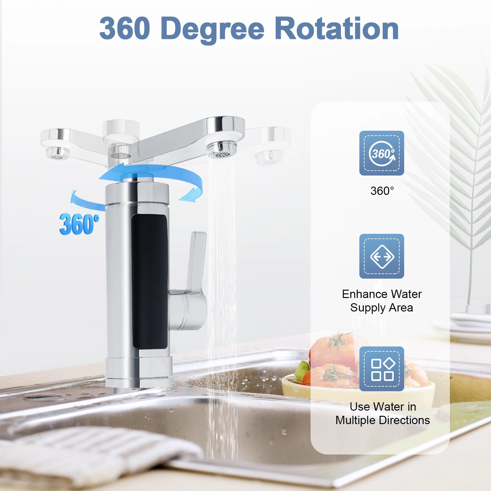 Electric Kitchen Faucet, 3000W Instant Heating, 360° Rotatable Spout, Stainless Steel & ABS, Hot & Cold Water