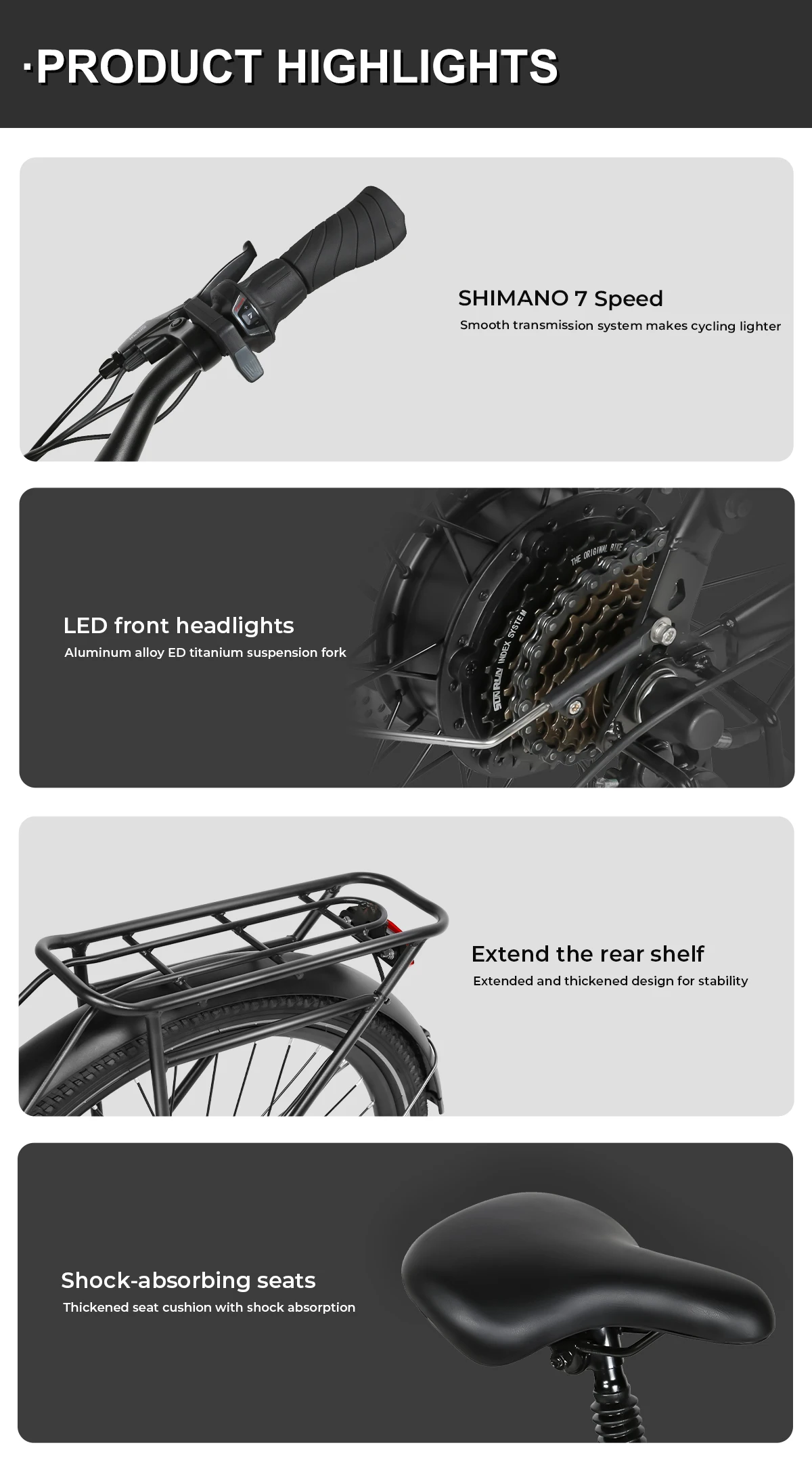 Samebike RS-A01 Pro Electric Bike Adults 26" City ebike with 36V 15Ah Removable Battery