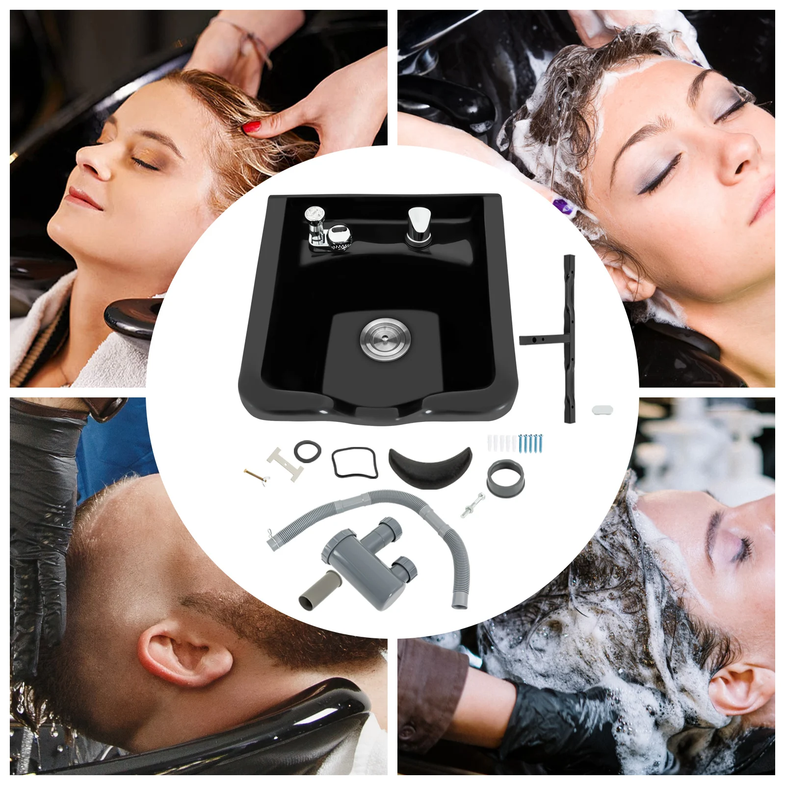 Comfortable Wall-mounted Shampoo Bowl with Hot & Cold Water Function,Durable ABS Material,Retractable Hose for Easy Hair Washing