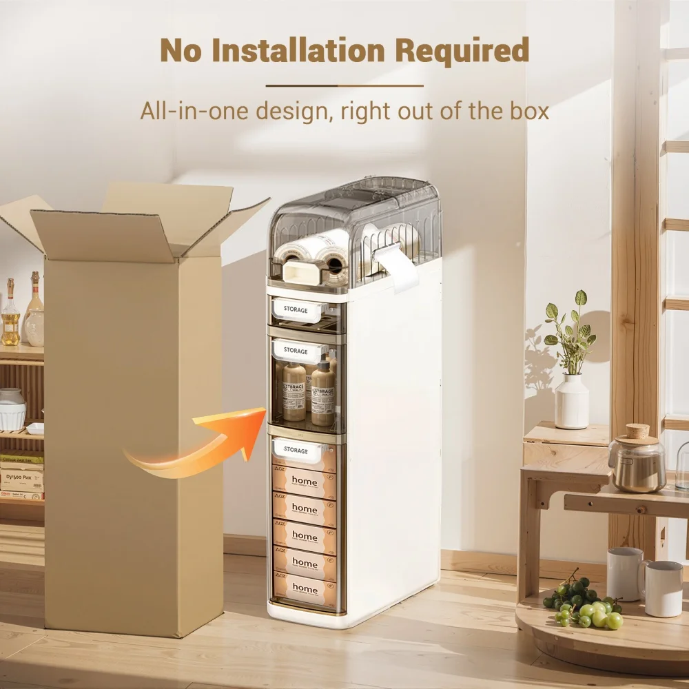 4 Tier Narrow Bathroom Storage Cabinet, Floor Cabinet with Toilet Paper Holder, Wheels, Bathroom Storage Organizer for Kitchen