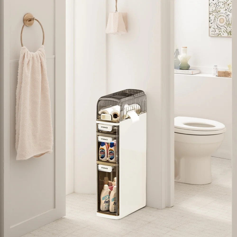 4 Tier Narrow Bathroom Storage Cabinet, Floor Cabinet with Toilet Paper Holder, Wheels, Bathroom Storage Organizer for Kitchen