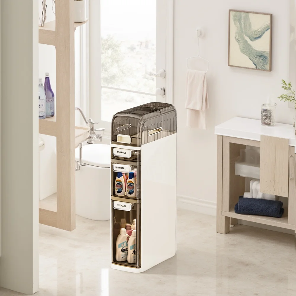 4 Tier Narrow Bathroom Storage Cabinet, Floor Cabinet with Toilet Paper Holder, Wheels, Bathroom Storage Organizer for Kitchen