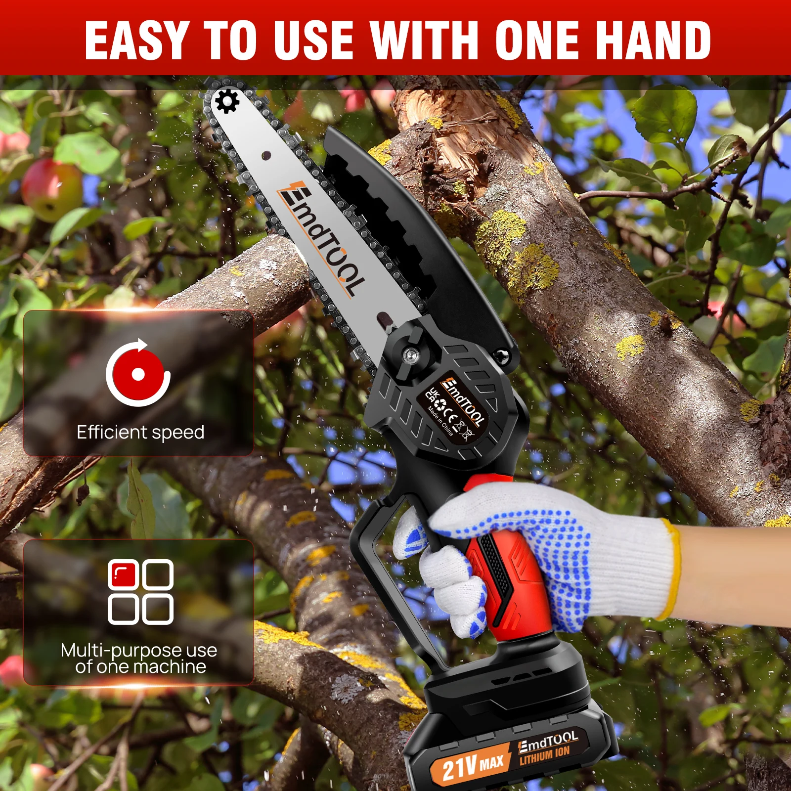 EMDTOOL 6-Inch Cordless Electric Handheld Chainsaw Brushless with 1.5Ah Battery,for Tree Branch Wood Cutting,Courtyard,Garden