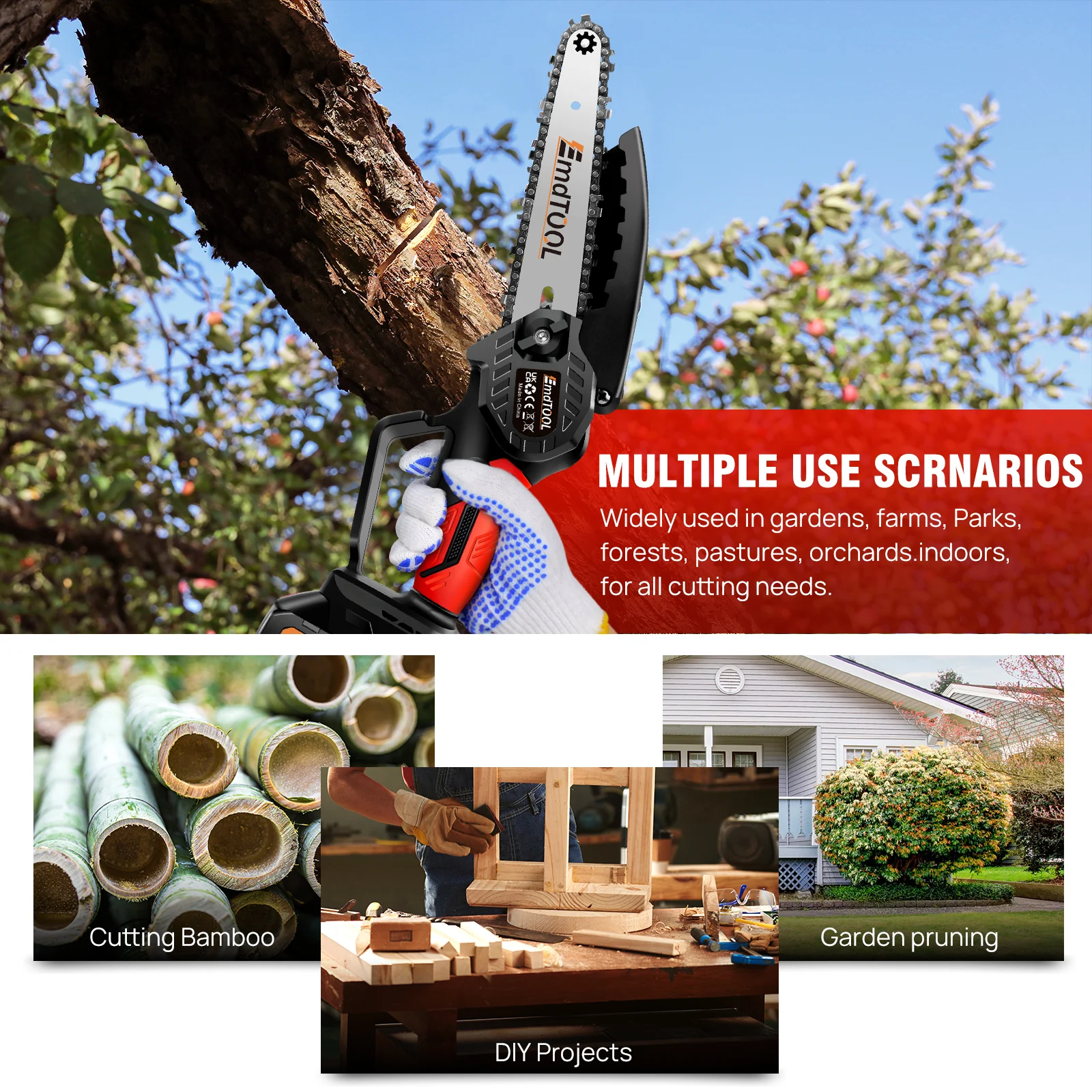 EMDTOOL 6-Inch Cordless Electric Handheld Chainsaw Brushless with 1.5Ah Battery,for Tree Branch Wood Cutting,Courtyard,Garden