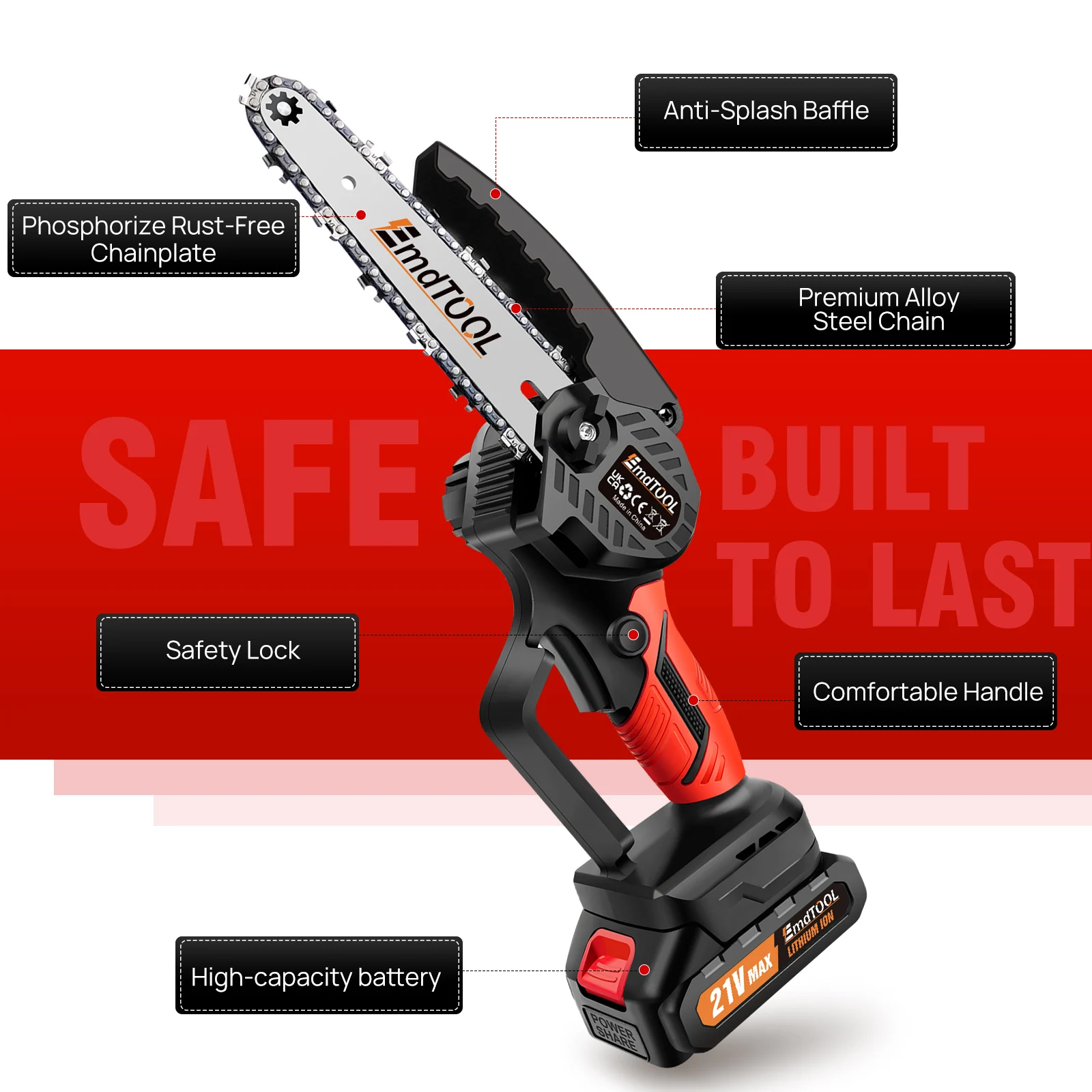EMDTOOL 6-Inch Cordless Electric Handheld Chainsaw Brushless with 1.5Ah Battery,for Tree Branch Wood Cutting,Courtyard,Garden