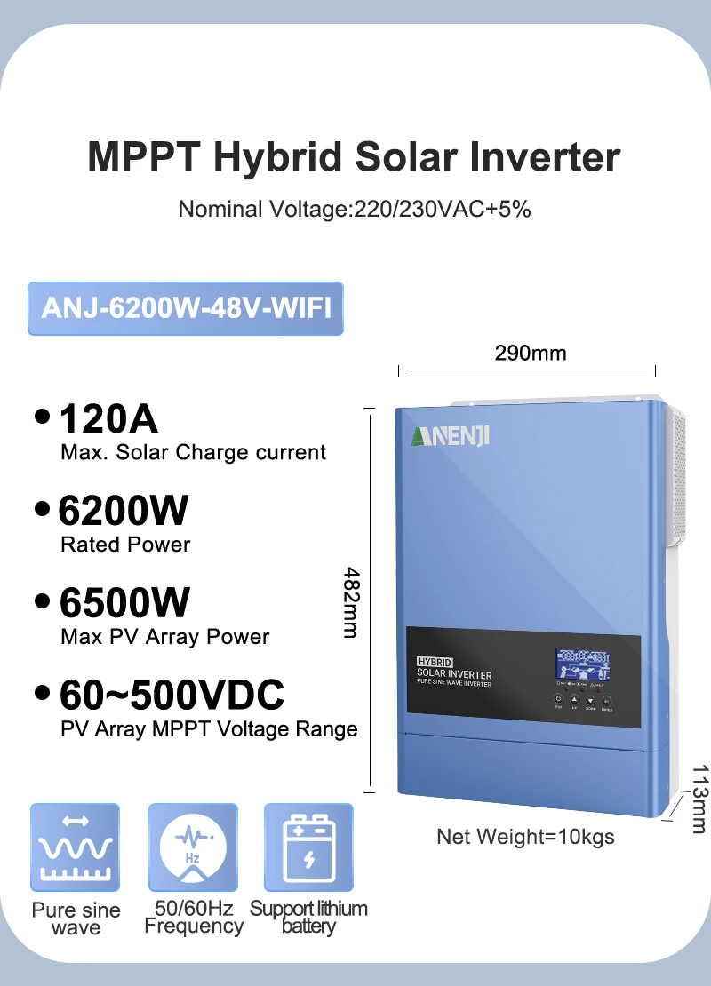 6.2KW 4.2KW Hybrid Solar Inverter 24V 48V Pure Sine Wave 230V 120A 100A Solar Charger MPPT Inverter Off Grid Tie On Grid PV 500V