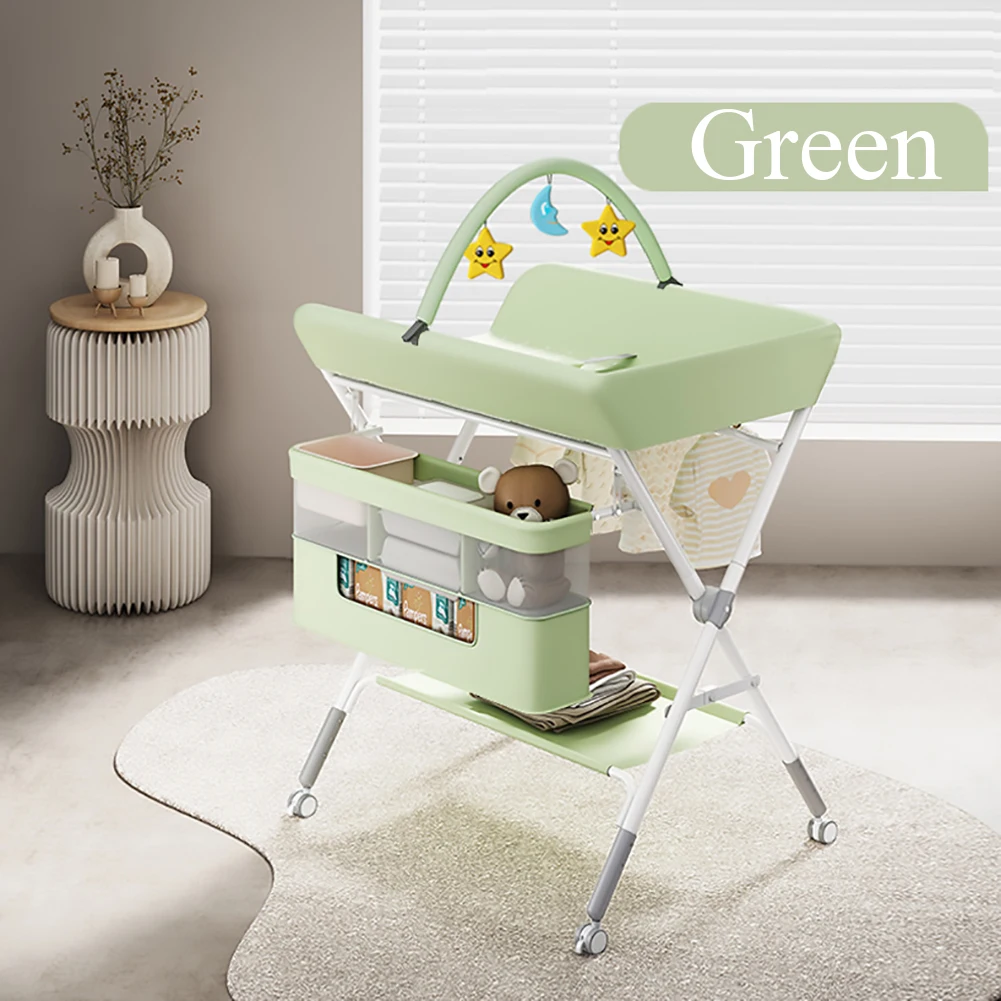 Baby Changing Table with Wheels Adjustable Height Folding Diaper Station with Nursery Organizer Storage Rack For Newborn Infant