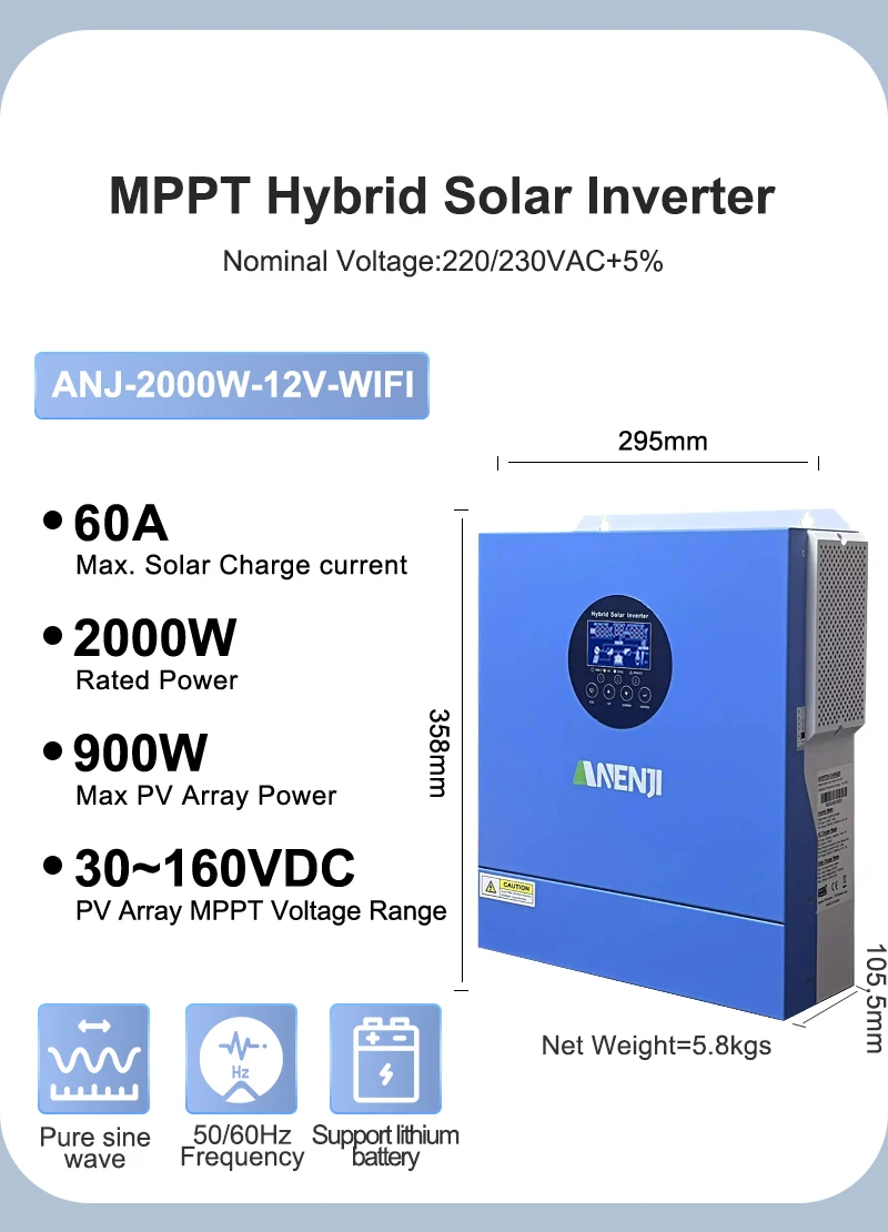 11KW Hybrid Solar Inverter 48V 2KW 12V MPPT Pure Sine Wave Photovoltaic Inverter 230VAC 60A 160A Solar Charger PV 160V 500VDC