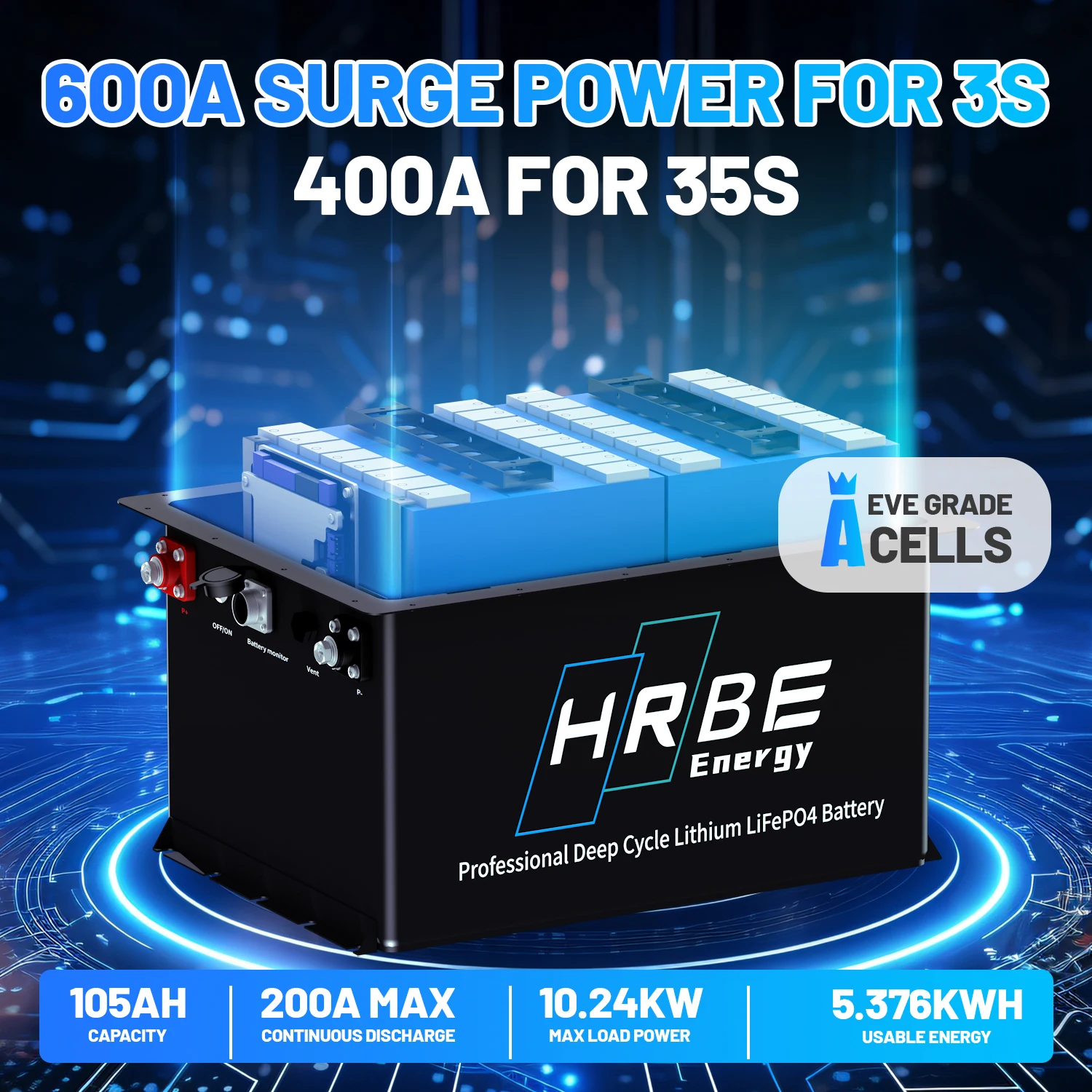 HRBEEnergy 48V 105AH Lithium Golf Cart Battery,6000+ Deep Cycle,with 20A Charger,Touch Monitor &Mobile APP,Max Output 10.24KW