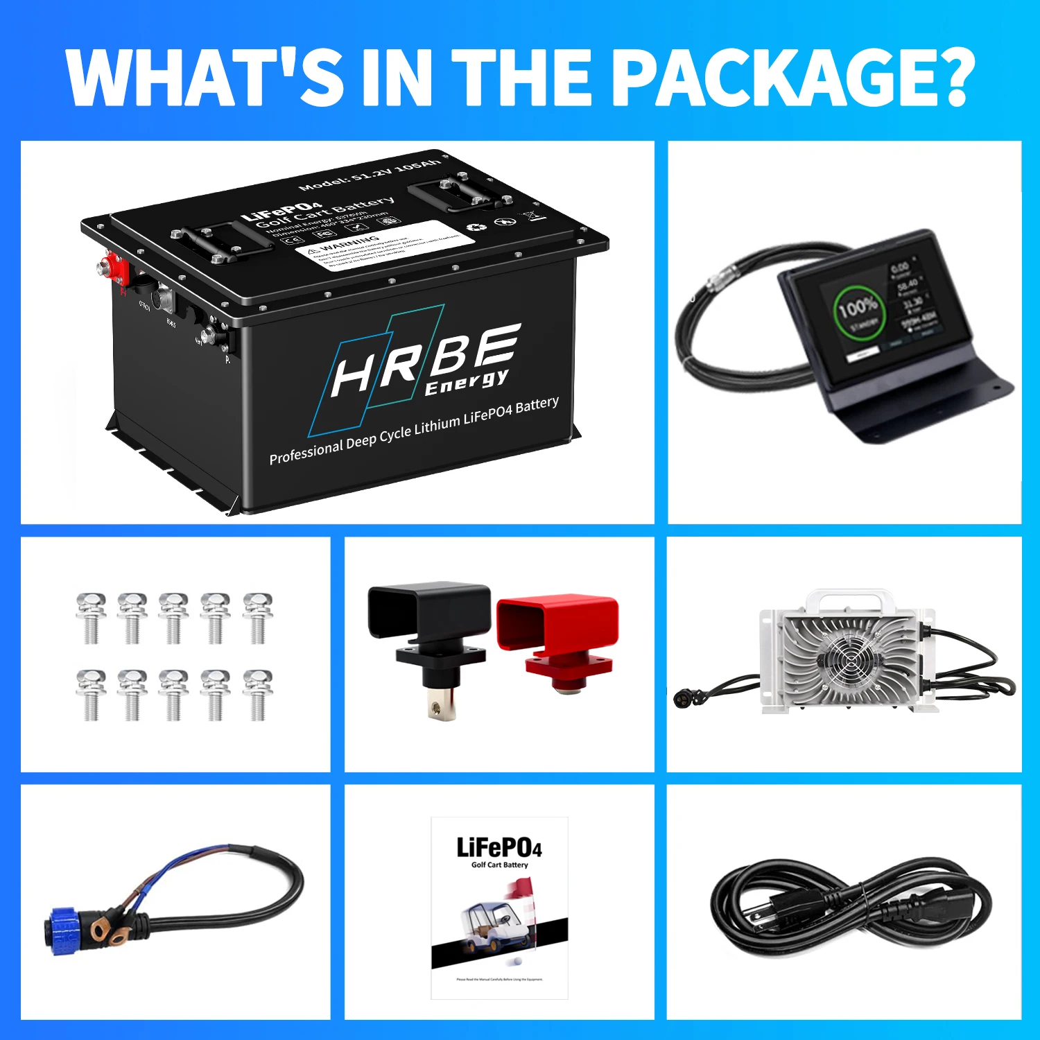 HRBEEnergy 48V 105AH Lithium Golf Cart Battery,6000+ Deep Cycle,with 20A Charger,Touch Monitor &Mobile APP,Max Output 10.24KW