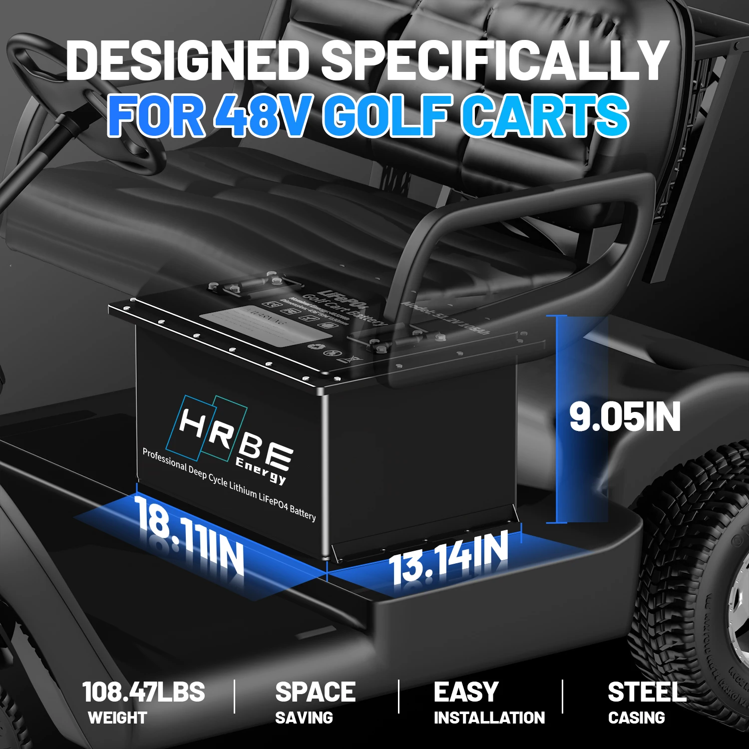 HRBEEnergy 48V 105AH Lithium Golf Cart Battery,6000+ Deep Cycle,with 20A Charger,Touch Monitor &Mobile APP,Max Output 10.24KW