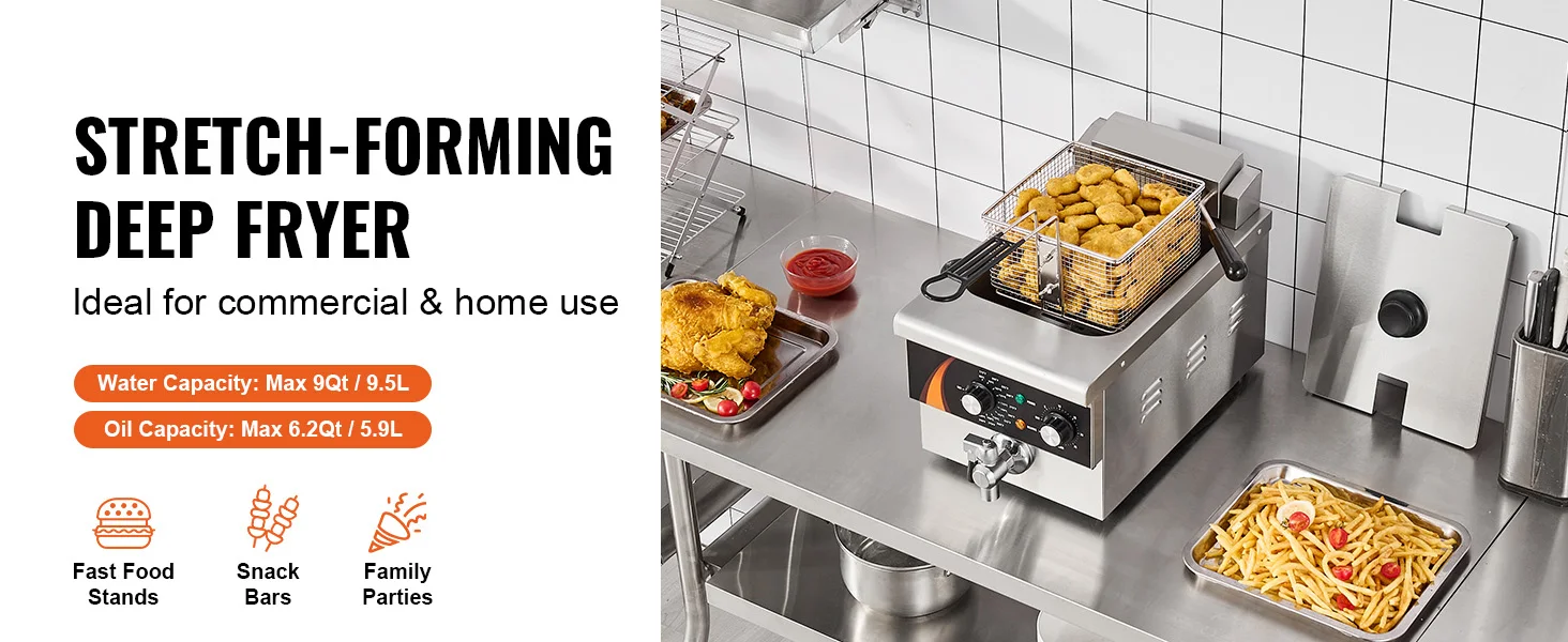 SucceBuy 9Qt /8.5 L  Commercial Deep Fryer 1750W Electric Countertop Fryer with Basket Single Tank Oil Fryer Time & Temp Control