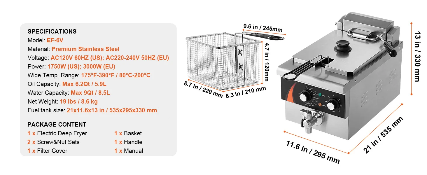 SucceBuy 9Qt /8.5 L  Commercial Deep Fryer 1750W Electric Countertop Fryer with Basket Single Tank Oil Fryer Time & Temp Control