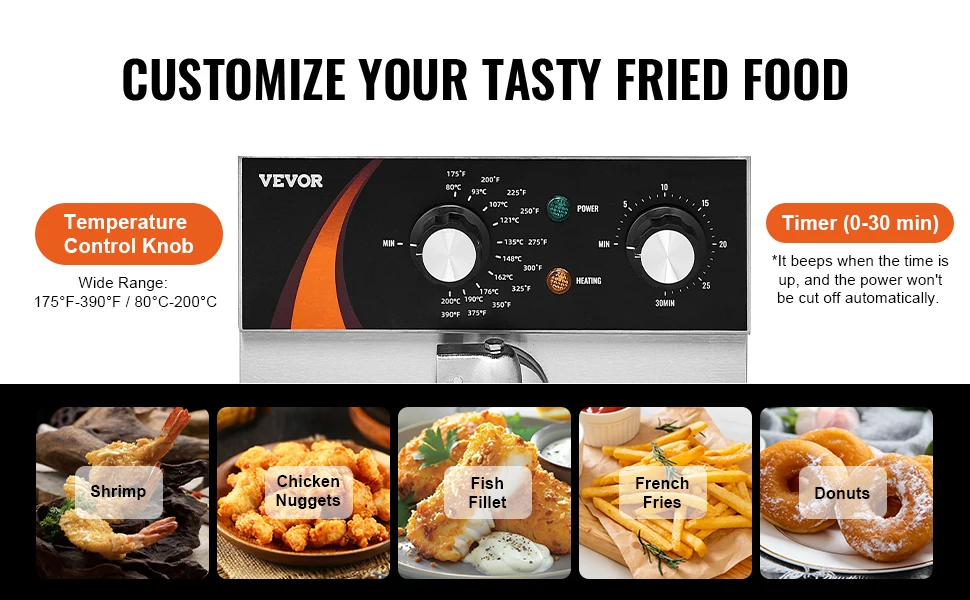 SucceBuy 9Qt /8.5 L  Commercial Deep Fryer 1750W Electric Countertop Fryer with Basket Single Tank Oil Fryer Time & Temp Control