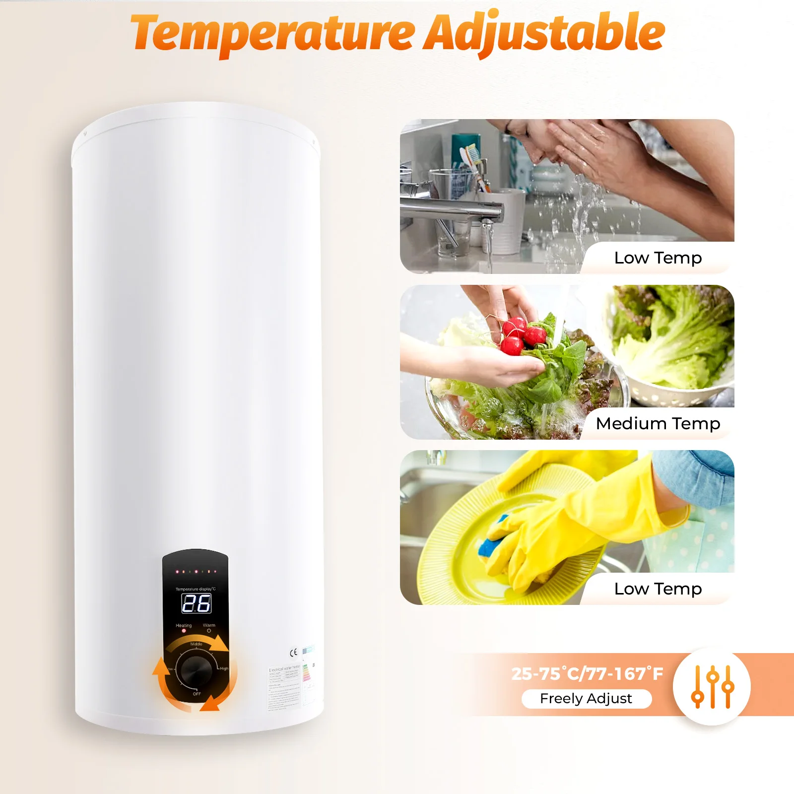 Electric 100L Storage Water Heater, Boiler, Electric Instantaneous Water Heater, LED Screen (Actual Water Capacity: 60L)