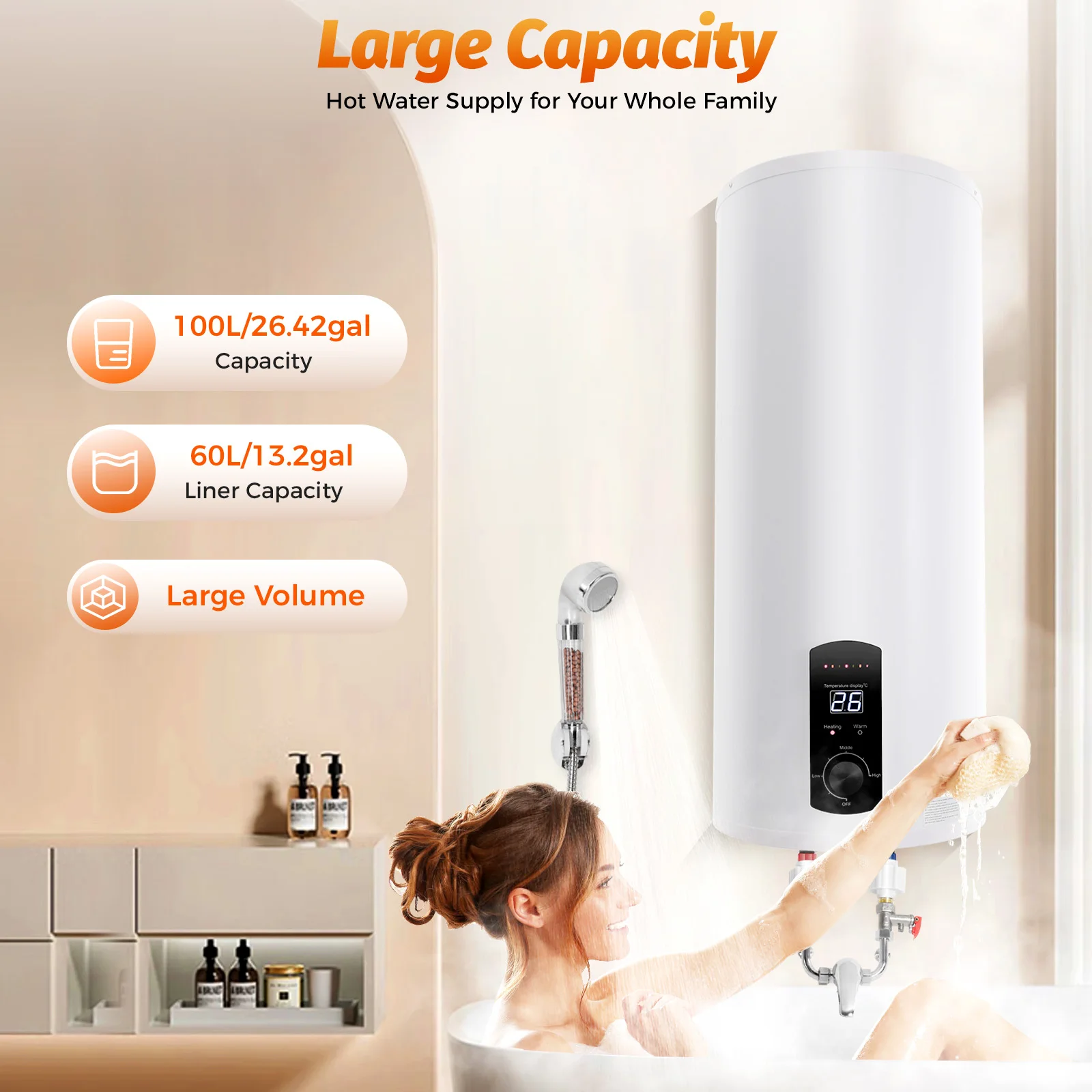Electric 100L Storage Water Heater, Boiler, Electric Instantaneous Water Heater, LED Screen (Actual Water Capacity: 60L)