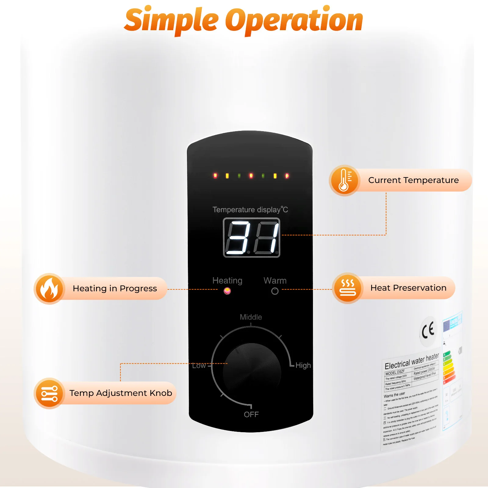 Electric 100L Storage Water Heater, Boiler, Electric Instantaneous Water Heater, LED Screen (Actual Water Capacity: 60L)