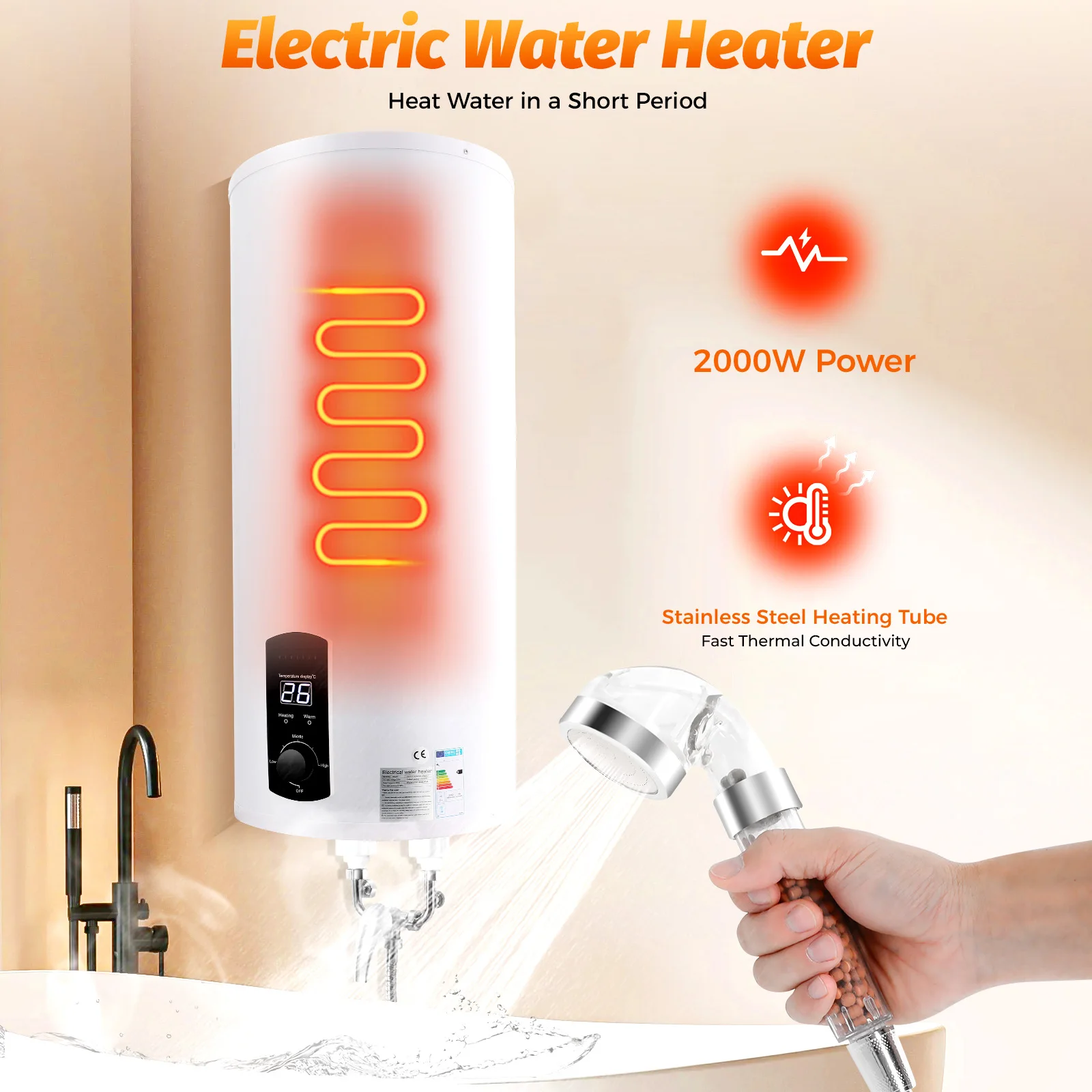 Electric 100L Storage Water Heater, Boiler, Electric Instantaneous Water Heater, LED Screen (Actual Water Capacity: 60L)