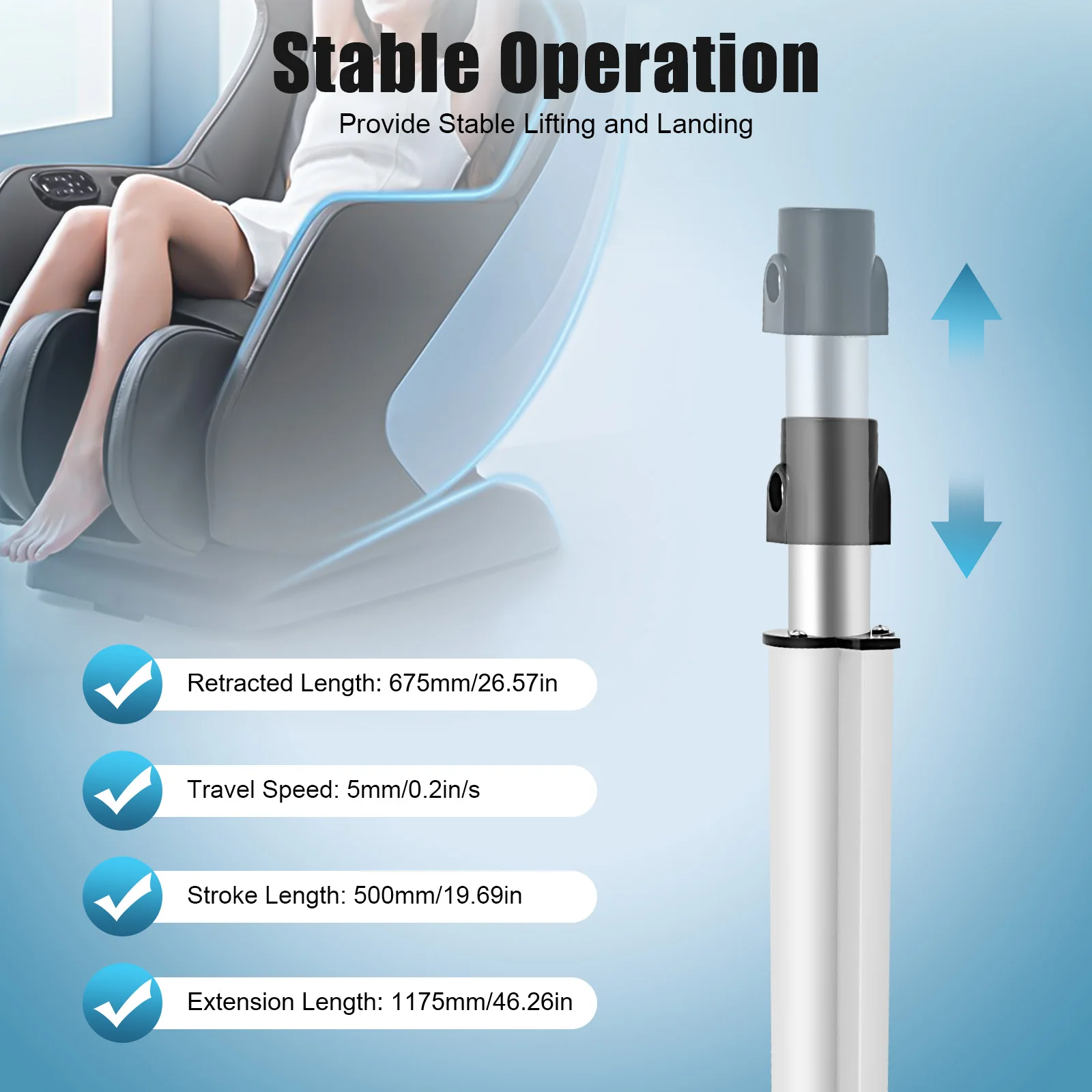 500mm Stroke Actuator, 12V Linear Actuator 6000N Force, Linear Motor for Recliner TV Table Lift Massage Bed Electric Sofa