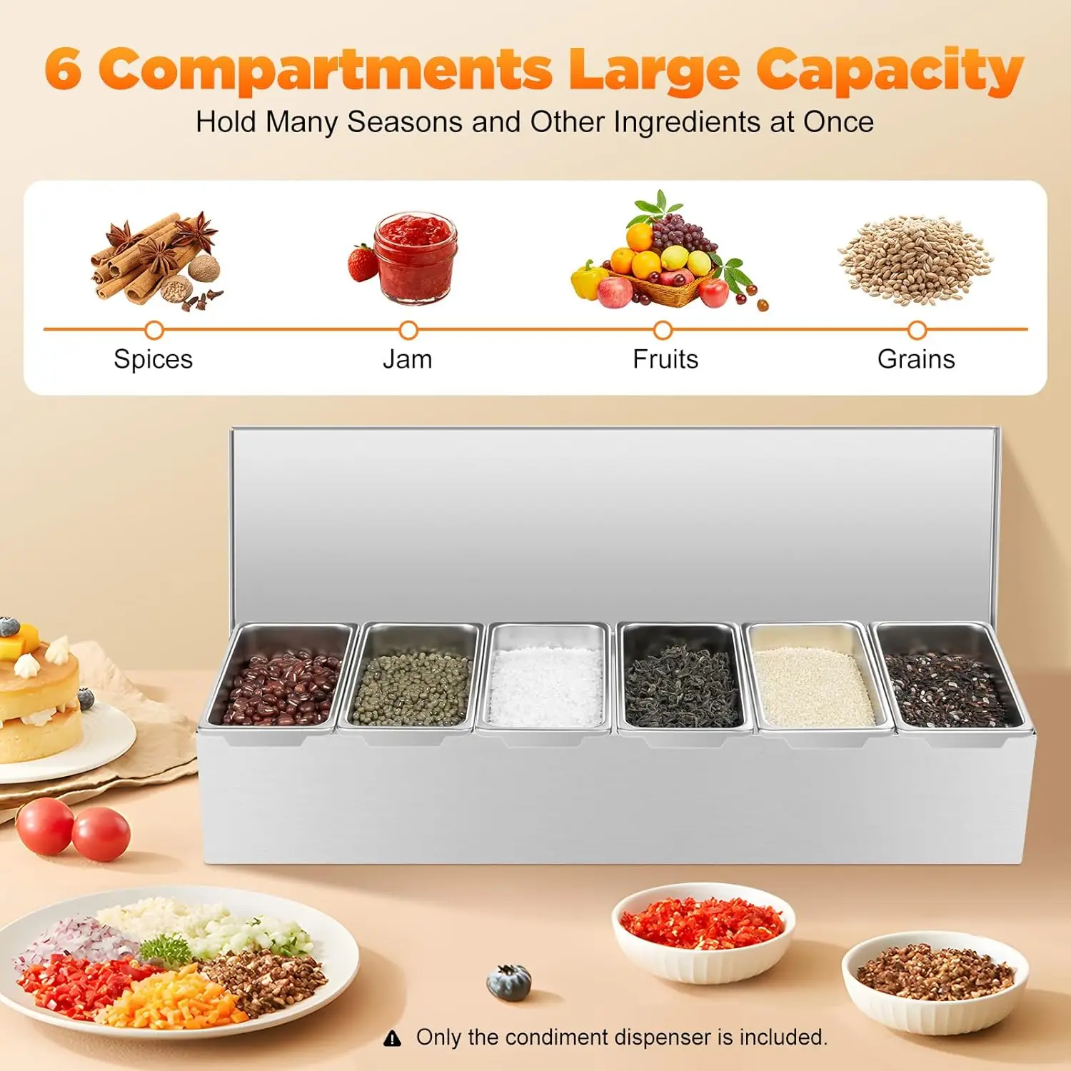 Stainless Steel Ingredient Container, 6 Compartments Side Dish Container with Stacking Compartments for Kitchens and Buffets