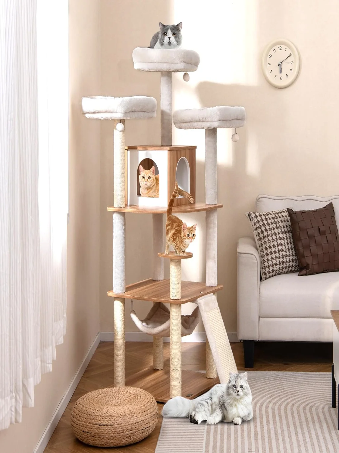 168 cm Wooden Scratching Post, Multi-Tier Cat Scratching Post, Large, Cat Tree with Cave, Ladder, Mats, Balls & Hammock