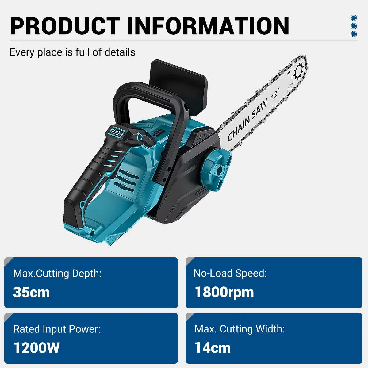 DRILLPRO 12Inch 1200W Brushless Cordless Electric Chainsaw Battery-Powered for Wood Cutting with LCD Screen Lightweight Portable