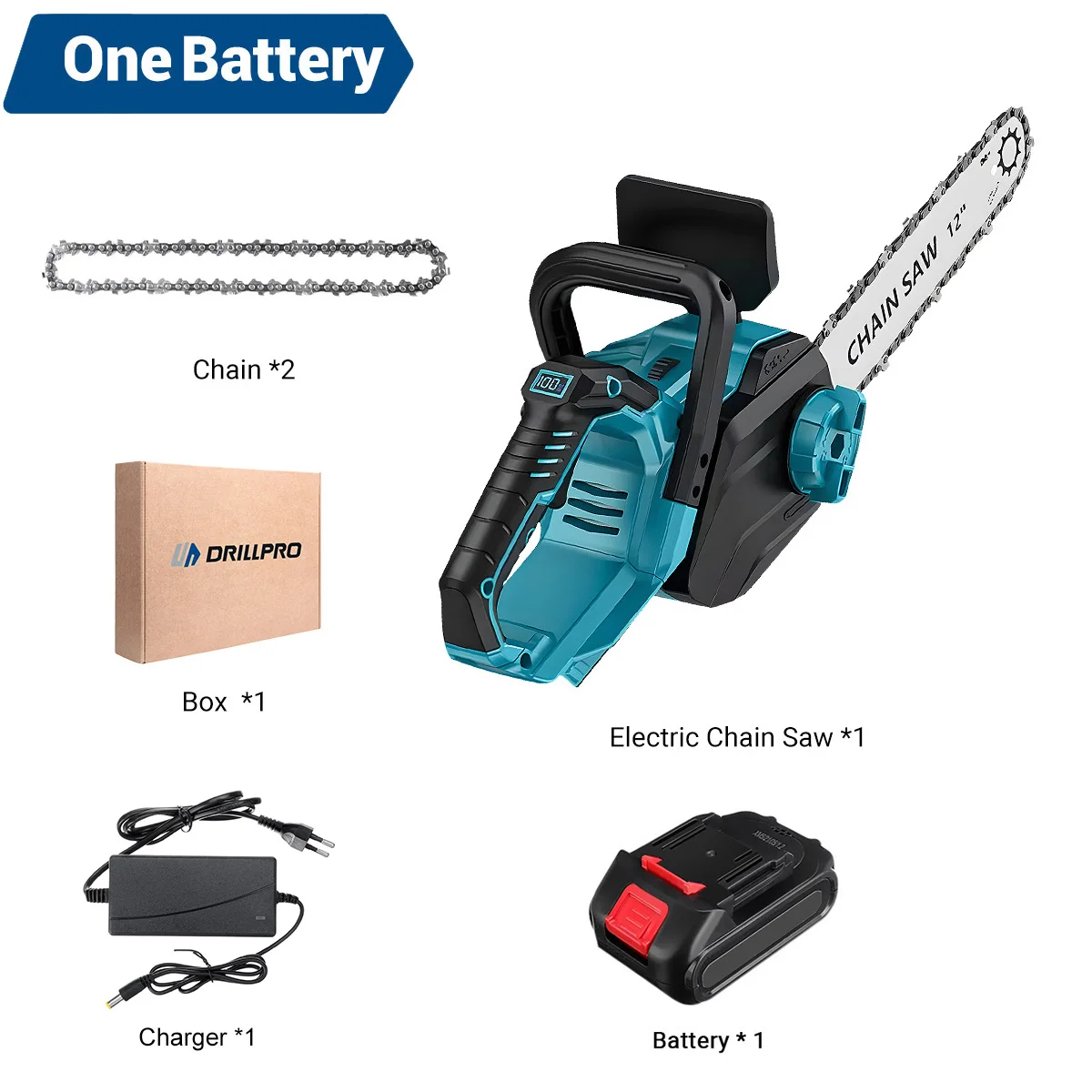 DRILLPRO 12Inch 1200W Brushless Cordless Electric Chainsaw Battery-Powered for Wood Cutting with LCD Screen Lightweight Portable