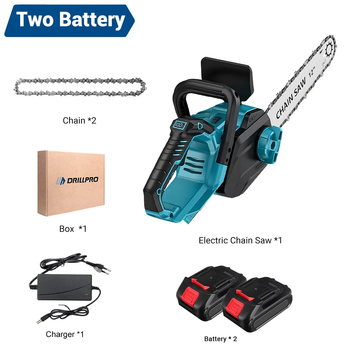 DRILLPRO 12Inch 1200W Brushless Cordless Electric Chainsaw Battery-Powered for Wood Cutting with LCD Screen Lightweight Portable