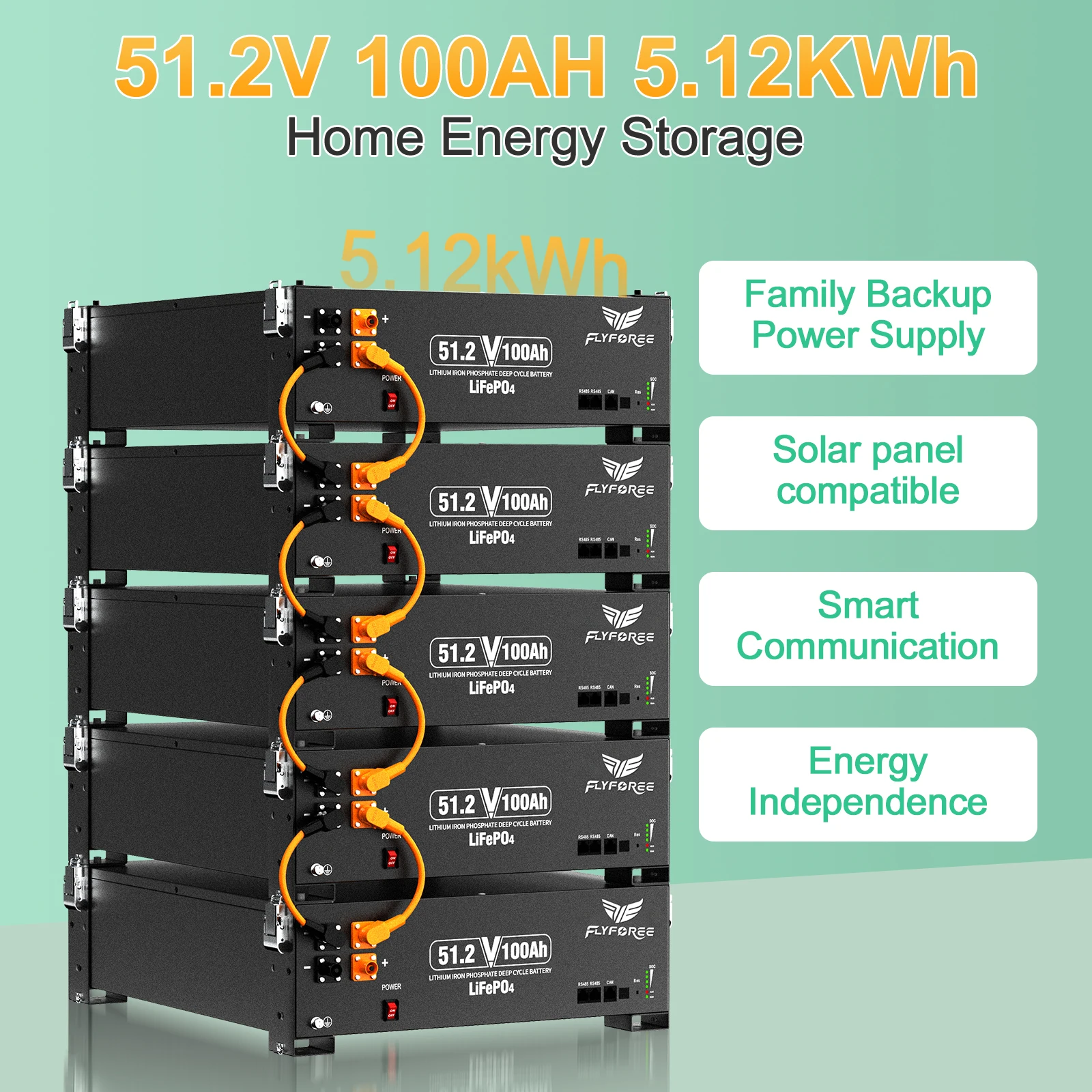 FLLYROWER 48V 100AH LiFePO4 Lithium Battery Pack 5.12KW 8000+Cycles With BMS 100A For Solar Panel Off-Grid Home Battery Storage