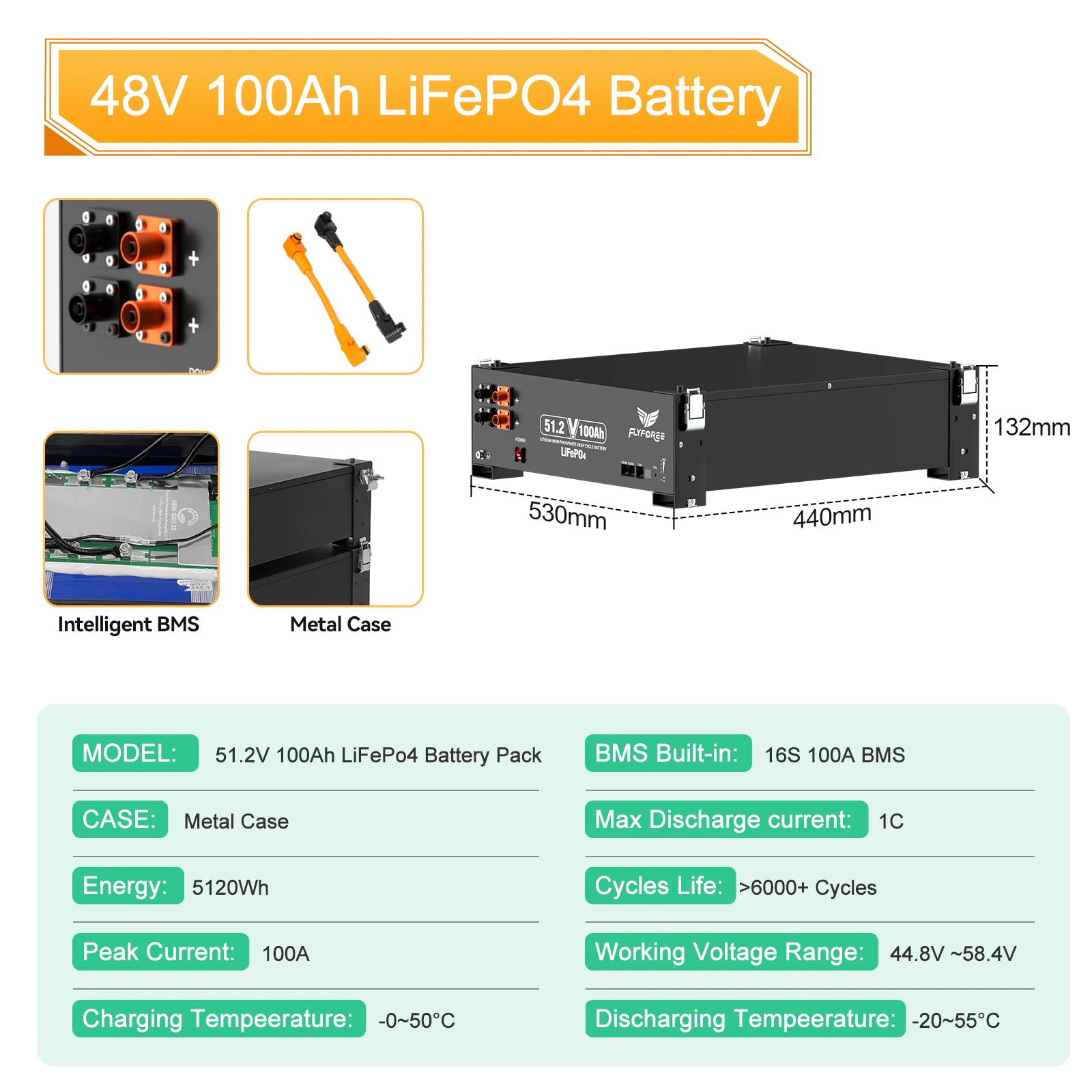 FLLYROWER 48V 100AH LiFePO4 Lithium Battery Pack 5.12KW 8000+Cycles With BMS 100A For Solar Panel Off-Grid Home Battery Storage