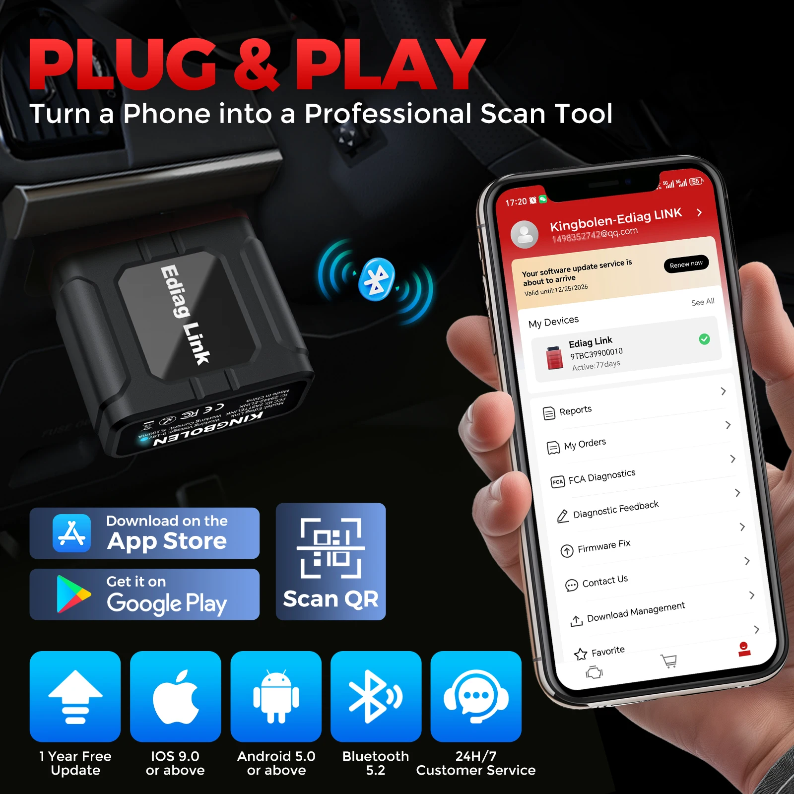 KINGBOLEN Ediag Link Full Systems Car Scanner With 10 Resets Function OBD2 Tool Support FCA, CAN FD Protocol