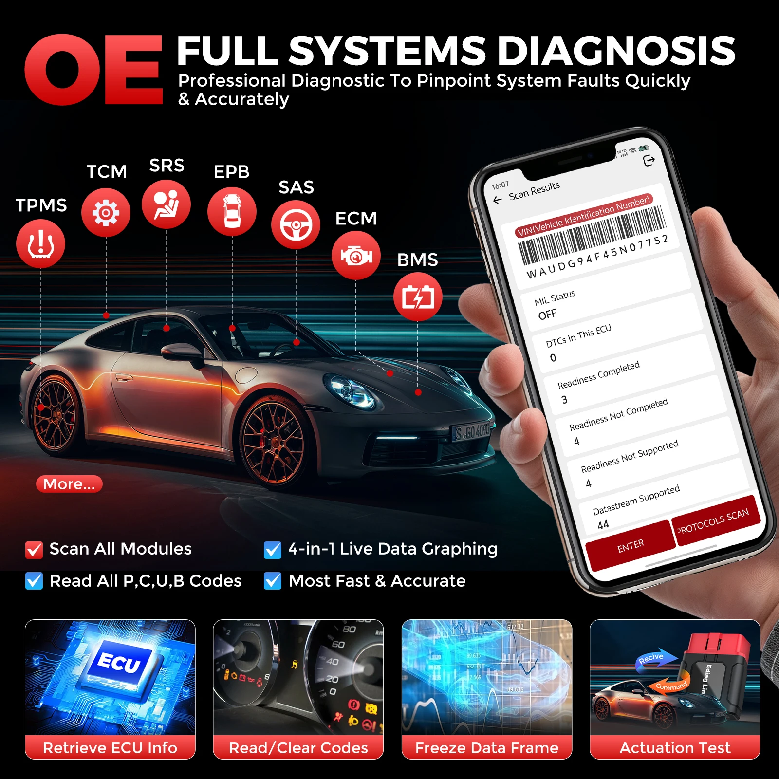 KINGBOLEN Ediag Link Full Systems Car Scanner With 10 Resets Function OBD2 Tool Support FCA, CAN FD Protocol