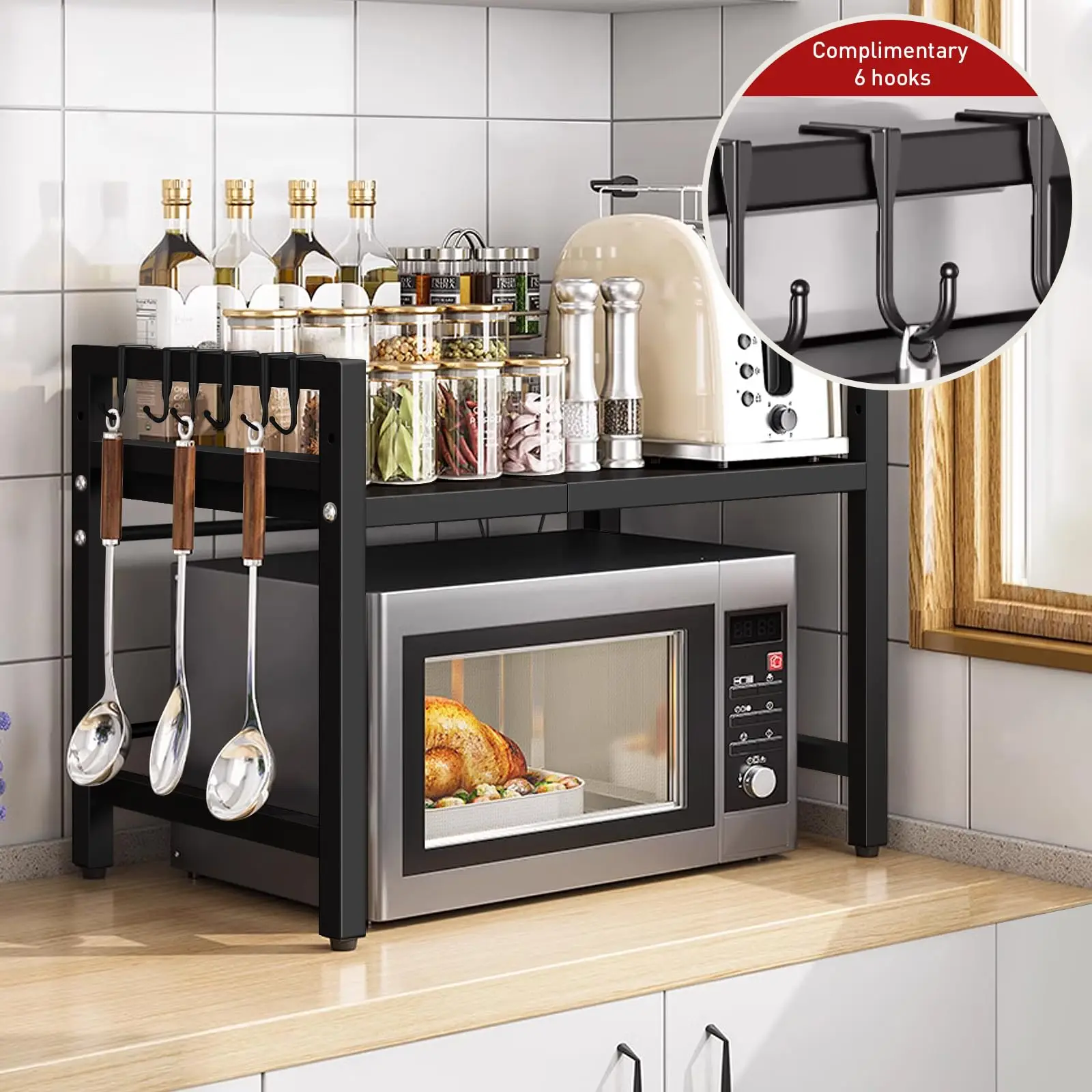 Kitchen Storage Rack Microwave Shelf Condiment Organizer Shelf Tableware Storage Expandable 42-64cm Moisture And Rust