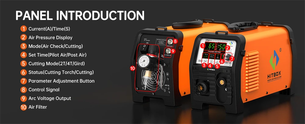 HITBOX HBC65 Plasma Cutter 65A Non-HF Pilot Arc Plasma Cutting Grid Cut CNC Function IGBT Technonlogy 2T/4T 50/60Hz Adjustable Post Time Cut 1-25mm Stainless Steel Carbon Steel