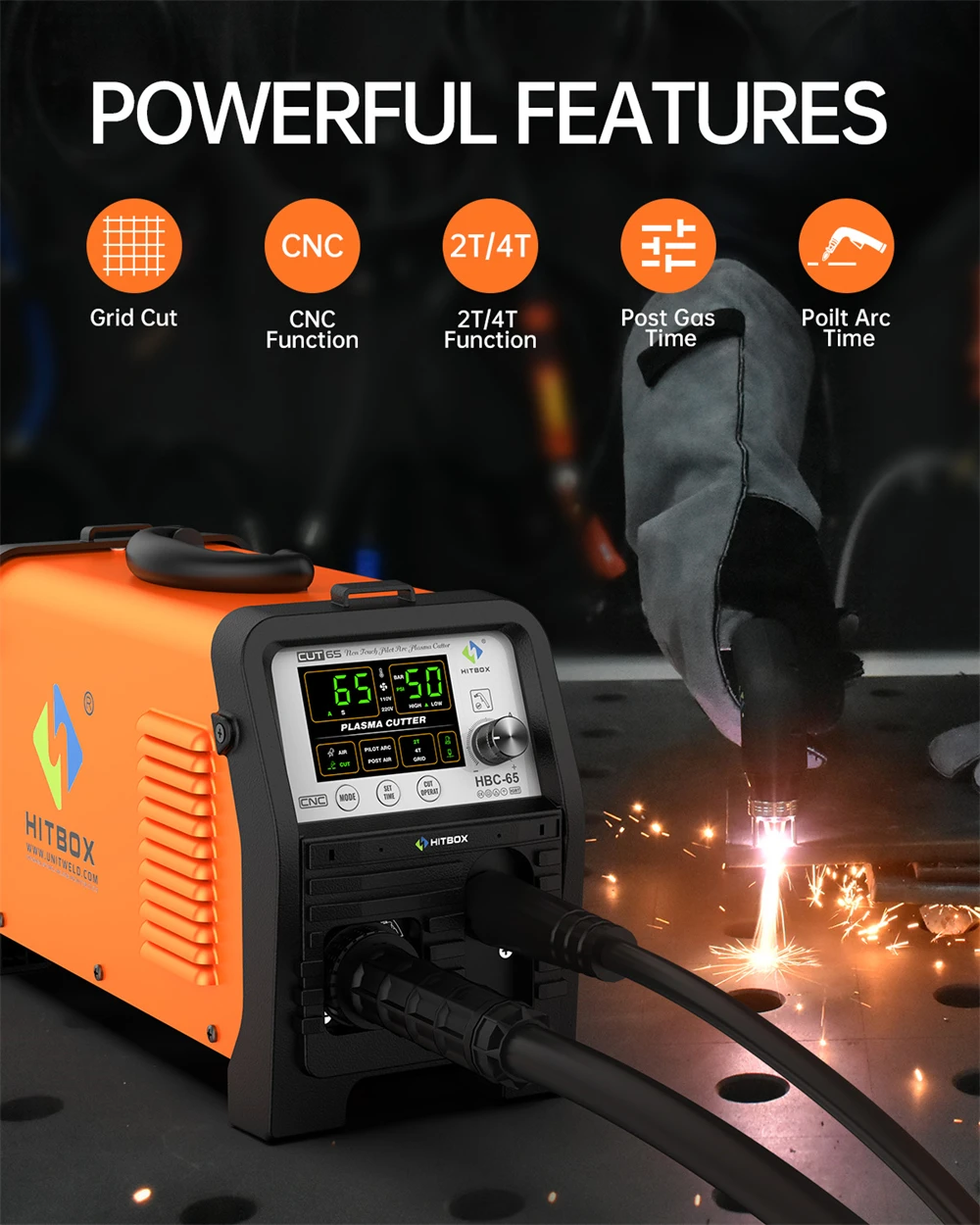 HITBOX HBC65 Plasma Cutter 65A Non-HF Pilot Arc Plasma Cutting Grid Cut CNC Function IGBT Technonlogy 2T/4T 50/60Hz Adjustable Post Time Cut 1-25mm Stainless Steel Carbon Steel