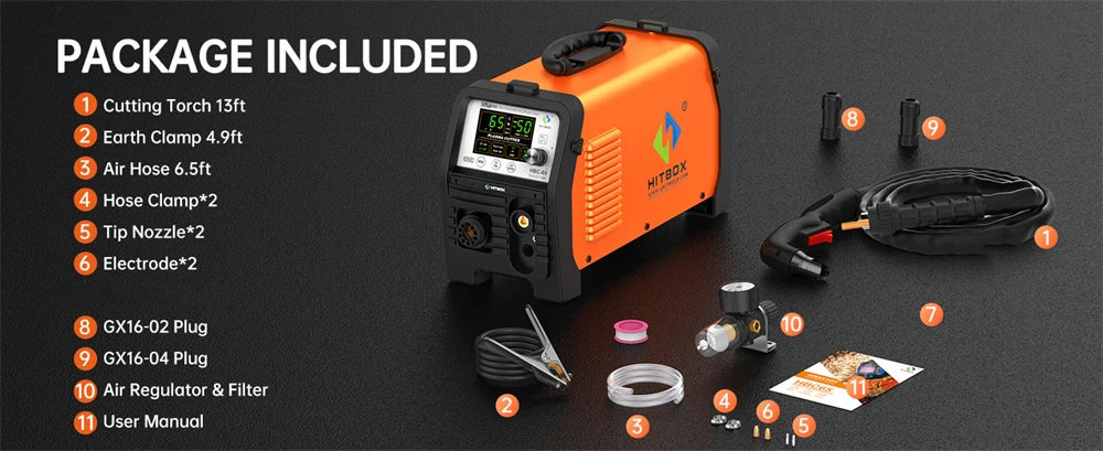 HITBOX HBC65 Plasma Cutter 65A Non-HF Pilot Arc Plasma Cutting Grid Cut CNC Function IGBT Technonlogy 2T/4T 50/60Hz Adjustable Post Time Cut 1-25mm Stainless Steel Carbon Steel