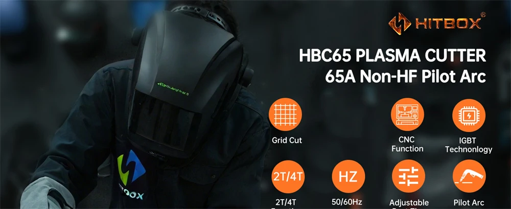HITBOX HBC65 Plasma Cutter 65A Non-HF Pilot Arc Plasma Cutting Grid Cut CNC Function IGBT Technonlogy 2T/4T 50/60Hz Adjustable Post Time Cut 1-25mm Stainless Steel Carbon Steel