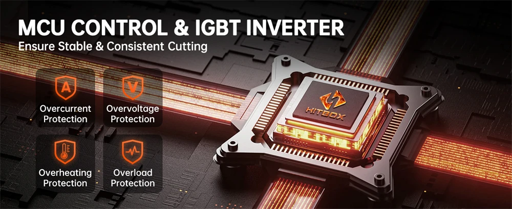 HITBOX HBC65 Plasma Cutter 65A Non-HF Pilot Arc Plasma Cutting Grid Cut CNC Function IGBT Technonlogy 2T/4T 50/60Hz Adjustable Post Time Cut 1-25mm Stainless Steel Carbon Steel