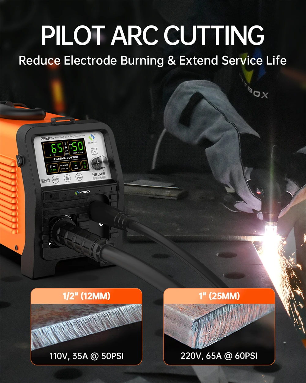HITBOX HBC65 Plasma Cutter 65A Non-HF Pilot Arc Plasma Cutting Grid Cut CNC Function IGBT Technonlogy 2T/4T 50/60Hz Adjustable Post Time Cut 1-25mm Stainless Steel Carbon Steel