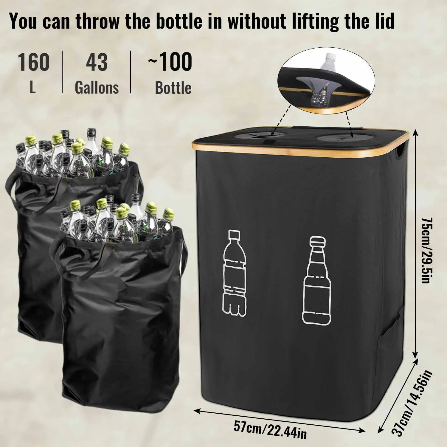 160L Bottle Collection Container 2 Compartments Deposit Bottles Organizer,Empty Bottles Storage Washing Machine Washable Bag