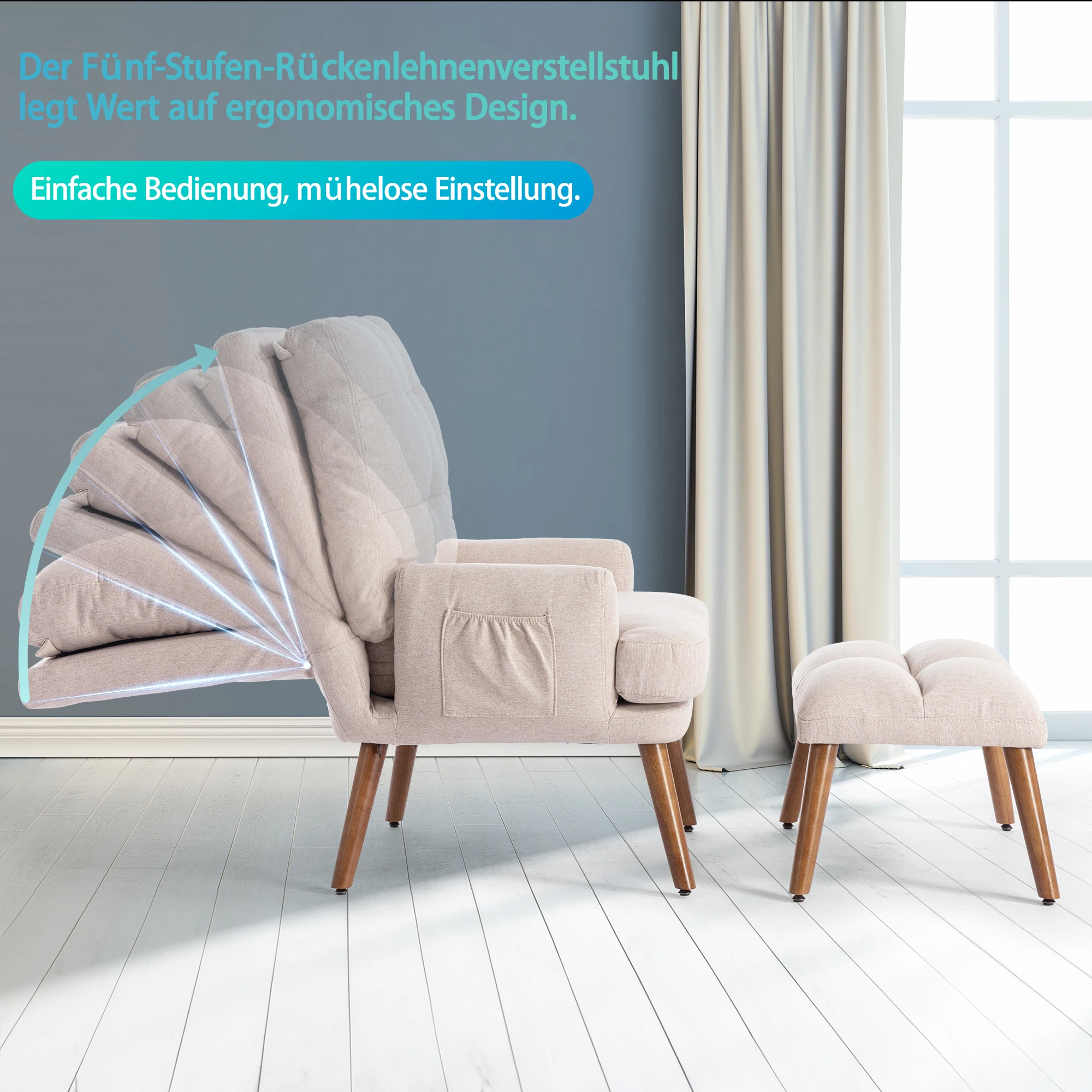 Lounge Chair With Footrest, Backrest 5-stage Adjustable, Tiltable, Chair With Side Shelf
