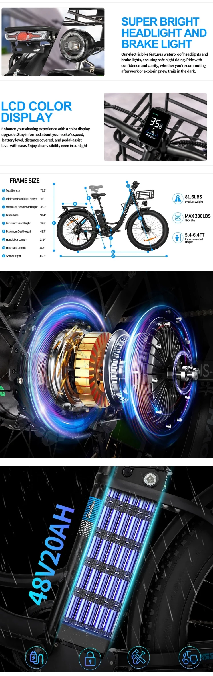 Ridstar MN26 Electric Bike Motor 48V 20AH Battery 26*4.0Inch Fat Tire Off-Road Adult Mountain Snowfield Electric Bicycle