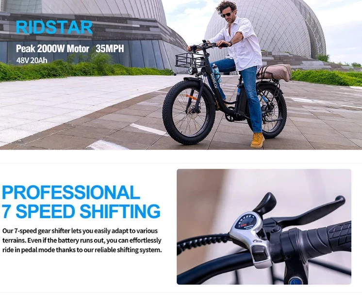 Ridstar MN26 Electric Bike Motor 48V 20AH Battery 26*4.0Inch Fat Tire Off-Road Adult Mountain Snowfield Electric Bicycle