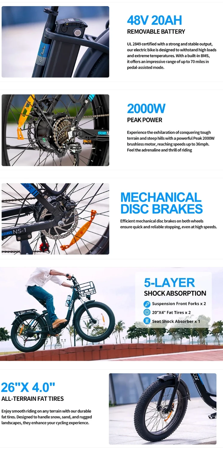 Ridstar MN26 Electric Bike Motor 48V 20AH Battery 26*4.0Inch Fat Tire Off-Road Adult Mountain Snowfield Electric Bicycle