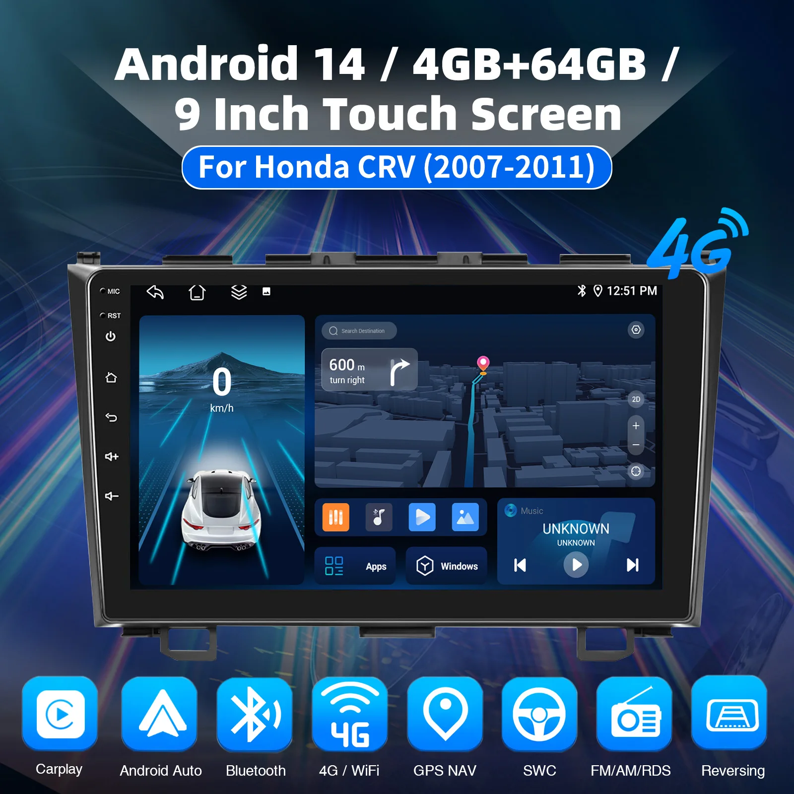 For Honda CRV 2007-2011 9Inch Touchscreen Android14 1280 x 720 Car Stereo CarPlay GPS Sat Nav BT 4+64G MP3