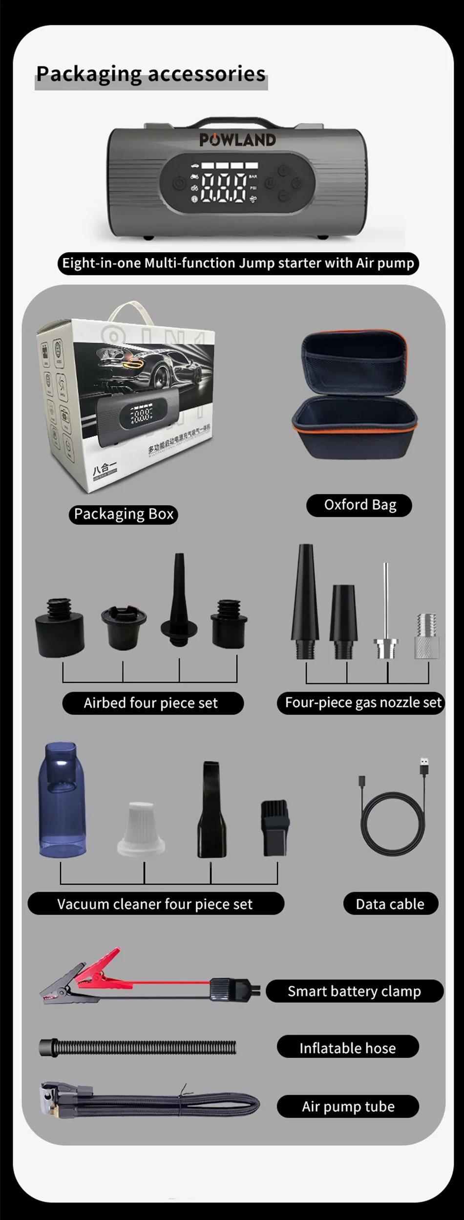 26800mAh Multifunctional 8-In-1 150PSI Car Emergency Start Power Portable Vehicle Mounted Inflation Pump Electric Vacuum Cleaner