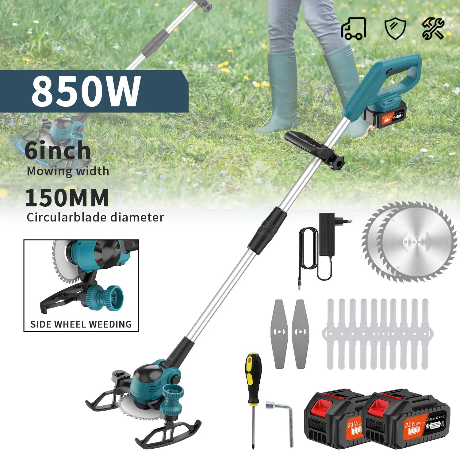 21V Electric Cordless Weed Wacker 3IN1 Lawn Edger/Trimmer/Mower 6“ 90° Blade Adjustable Handle Grass Trimmer Garden Power Tool