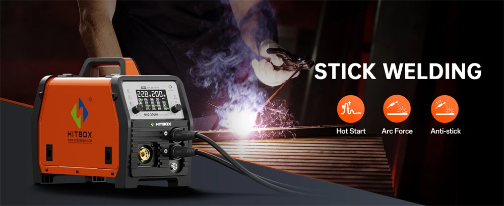 HITBOX MIG Welding Machine 220V 200 Amps 7 in 1 Stick ARC MMA Gasless/Gas MIG Lift TIG Spot Welder Support Spool Gun Single Pulse Aluminium Welder Large LED Digital Screen Inverter Welding Tool