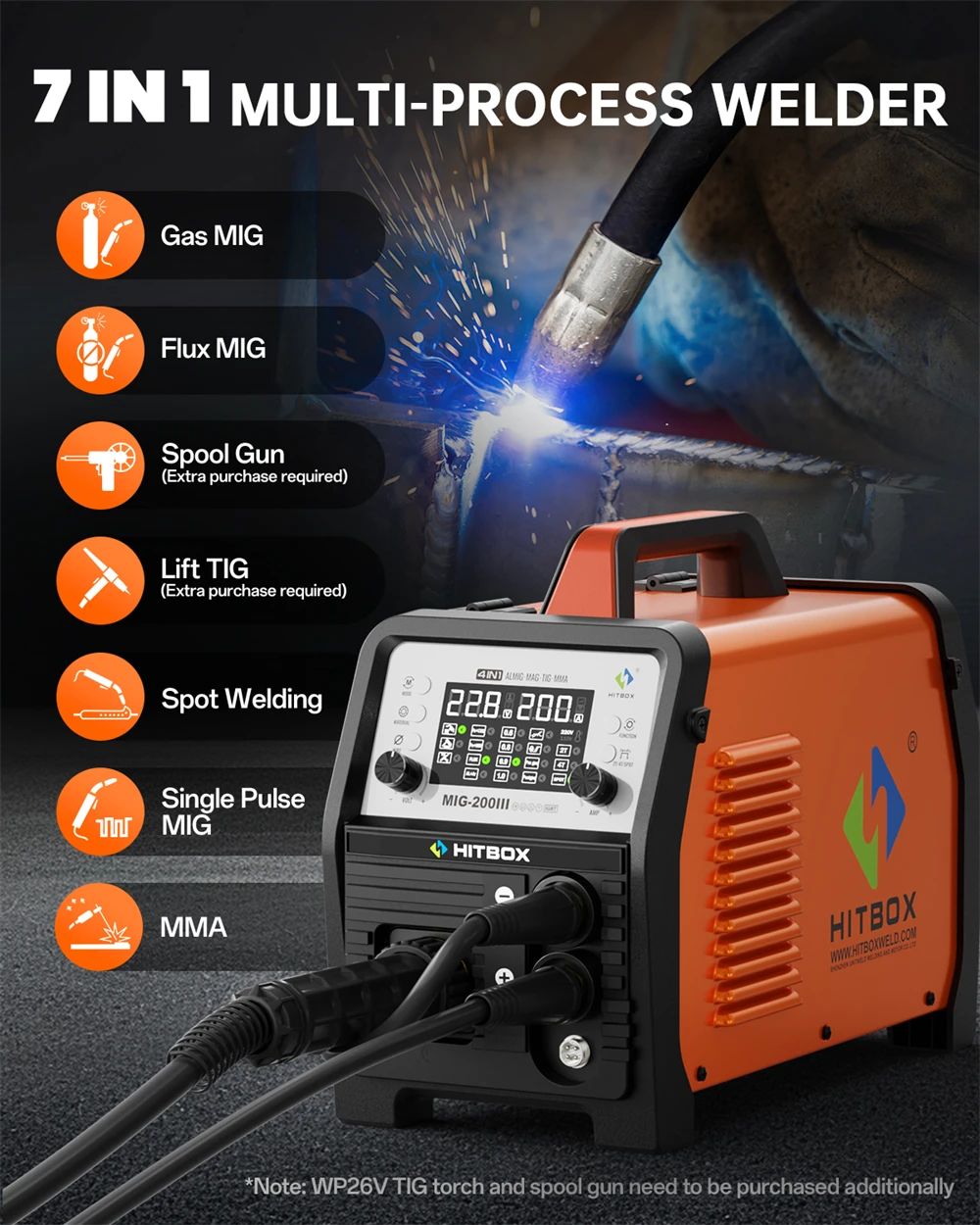 HITBOX MIG Welding Machine 220V 200 Amps 7 in 1 Stick ARC MMA Gasless/Gas MIG Lift TIG Spot Welder Support Spool Gun Single Pulse Aluminium Welder Large LED Digital Screen Inverter Welding Tool